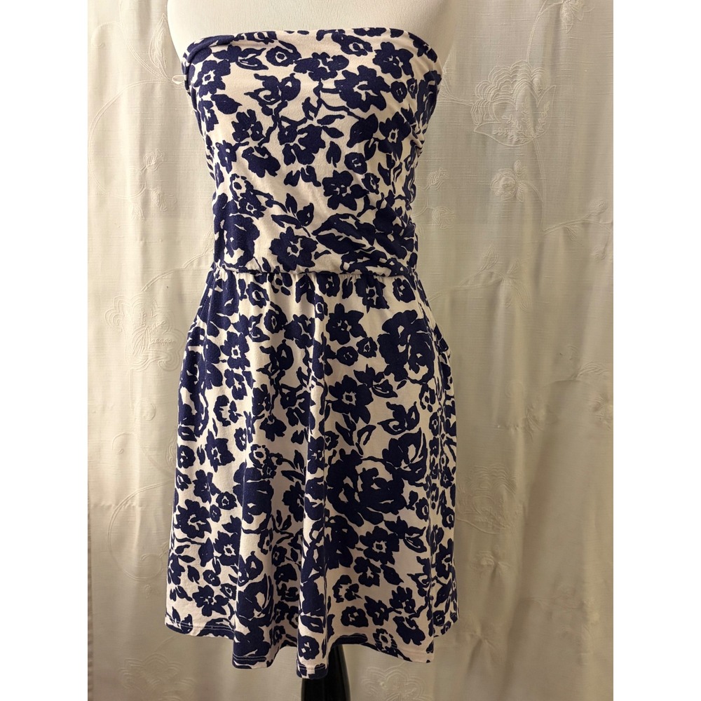 Gap Navy Blue White Floral Strapless Smocked Mini Dress Pockets Medium